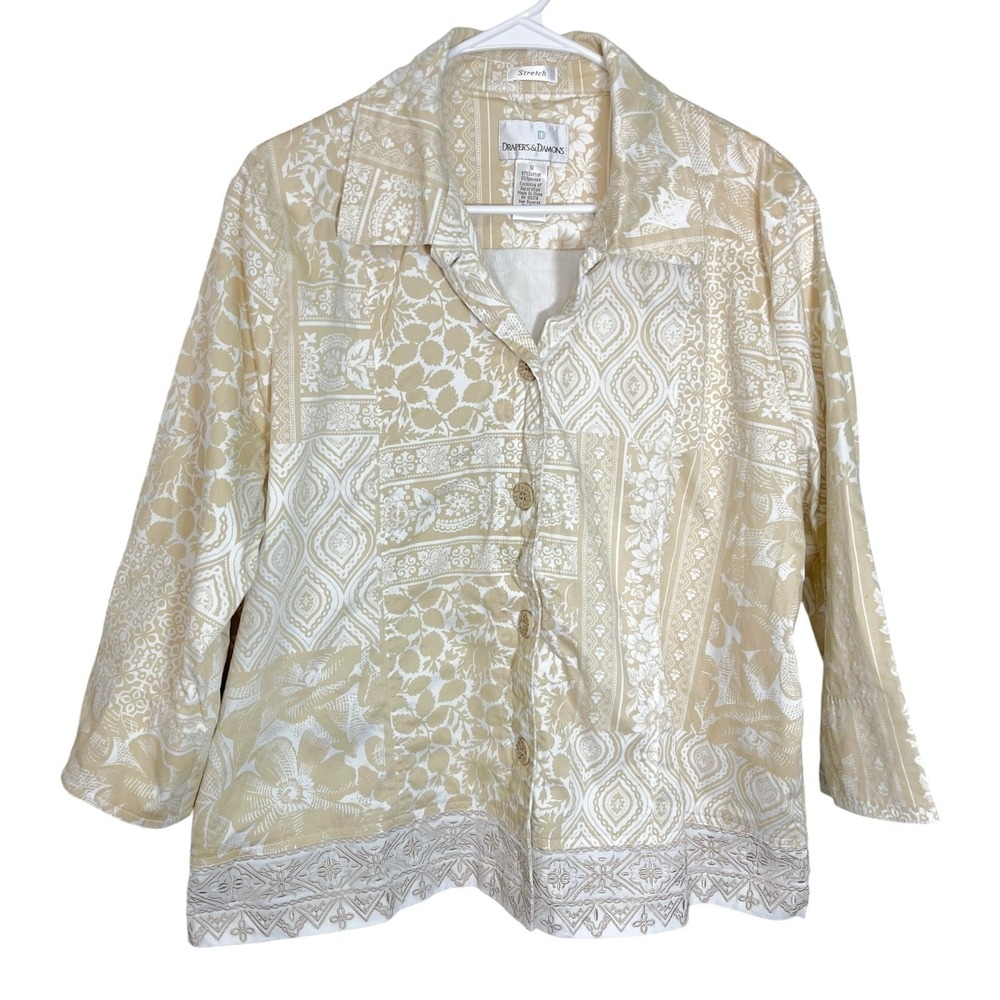 Drapers & Damon 18 Beige Button Up Jacket/Blazer Floral Embroidered Boho Coastal - Picture 1 of 8